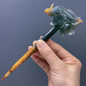 Phoenix Jade Hairpin, Certificate Natural Xiu Jade, Phoenix Hair Stick, Icy Blue with Yellow, Antique Hairpin, Bird Hairpin, Gift for Her