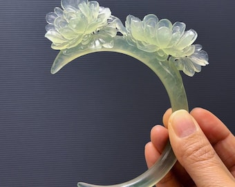 Xiu Jade Hair Stick: Peony Crescent Moon Hair Pin, Hand Carved