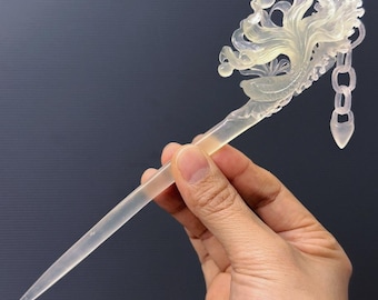 Hand Carved Xiu Jade Hair Stick: Siamese Fighting Fish Hair Pin