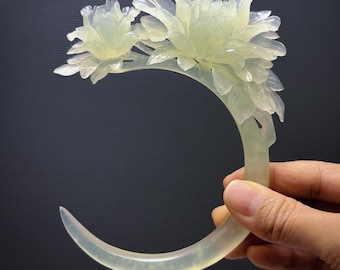 Hand Carved Xiu Jade Peony Hair Pin: Crescent Moon Hair Stick