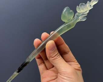 Hand Carved Rabbit Jade Hairpin: Natural Xiu Jade Hair Stick