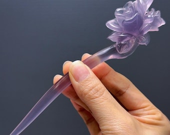 Lavender Fluorite Peony Hair Pin: Crystal Hair Stick