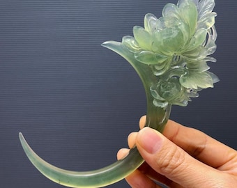 Xiu Jade Peony Hair Stick, Crescent Moon Hair Pin, Hand Carved Hairpin