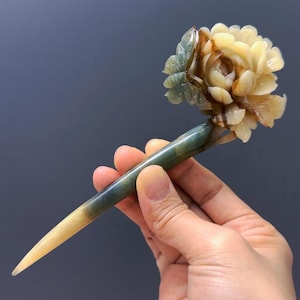 Peony Flower Jade Hair, Certificate Natural Xiu Jade, Peony Hair Stick, Xiu Jade Hair Fork, Antique Jade Hairpin, Multicolor, Gift for Her