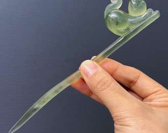 Natural Xiu Jade Kitten Hair Stick: Hand Carved Green Hair Pin