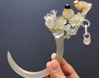 Xiu Jade Hair Stick: Bird & Plum Blossom Crescent Moon Hair Pin