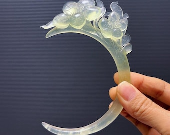 Xiu Jade Calla Lily Hair Stick, Crescent Moon Hair Pin, Hand Carved
