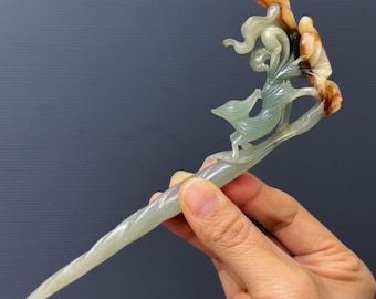Nine Tailed Fox Hair Stick: Natural Xiu Jade Hair Pin with Certificate