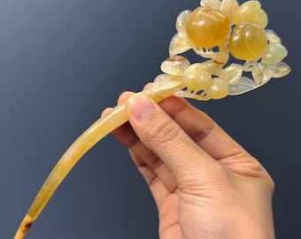 Hand Carved Xiu Jade Hair Stick: Natural Peach Hair Fork