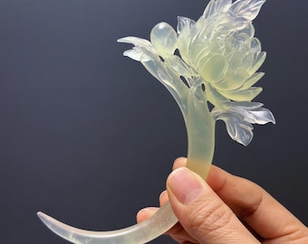 Xiu Jade Peony Hair Stick, Crescent Moon Hair Pin, Hand Carved Hairpin