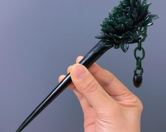 Hand Carved Xiu Jade Peony Hairpin: Antique Chinese Hair Stick