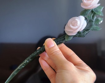 Rose Jade Hairpin, Handcrafted with Natural Xiu Jade & Marble Jade, Flower Hair Stick