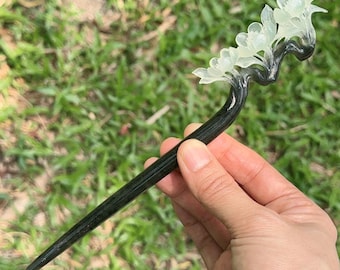 Hand Carved Xiu Jade Plum Blossom Hairpin, Traditional Women's Hair Stick, Antiqued Art Long Hair Pin, Made in One Piece