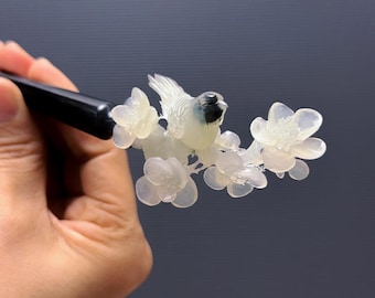 Hand Carved Xiu Jade Hair Stick: Bird & Plum Blossom Hair Pin