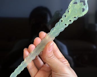 Hand Carved Xiu Jade Hairpin,  Traditional Women's Hair Stick, Hollow Antiqued Art Filigree Long Hair Pin, Made in One Piece