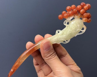Hand Carved Xiu Jade Ginseng Hair Stick - Natural Stone Pin