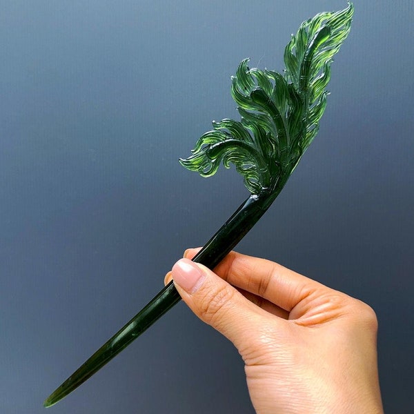 Phoenix Feathers Hairpin, Xiu Jade Hair Stick, Natrual Xiu Jade, Jade Hairpin Stick, Carved Hairpin, with Certificate, Antique Jade Hairpin