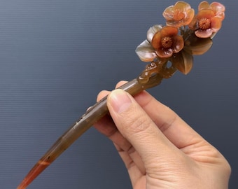 Plum Blossom Xiu Jade Hairpin: Hand Carved Floral Hair Stick