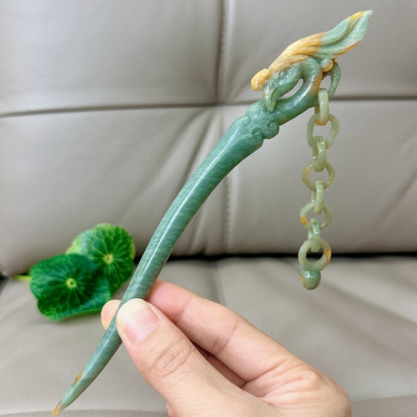 Phoenix Xiu Jade Hairpin, Untreated Natrual Jade Hairpin, Phoenix Jade Hair Stick, Hand Carved, with Certificate, Antique Jade Hairpin