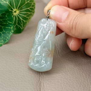 Natural Scenery Jadeite Jade Pendant Necklace, Chinese Vintage Style Outdoor Landscape, Burmese Jadeite, Certified Grade A Jade, Type A Jade