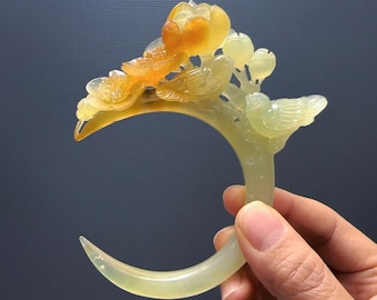 SMALL SIZE !!~~ Xiu Jade Hair Stick: Bird & Plum Blossom Crescent Moon Hair Pin