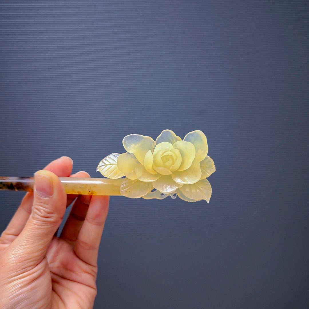 Yellow Peony Hairpin - Serpentine Jade Hair Stick Peony Flower Xiu Jade Hair Stick: Hand Carved Hairpin With  main image 3