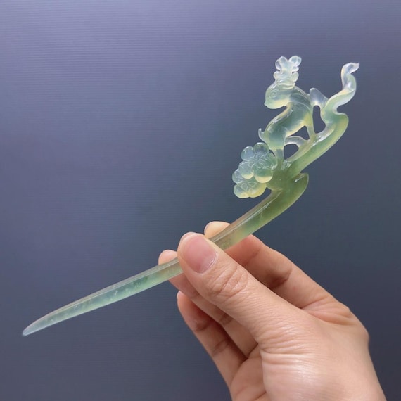 Custom hand carved Authentic Jade Hairpin Natural Jade Hair Stick Dangle Hair Pin Hand Carved Hairpin  main image 4