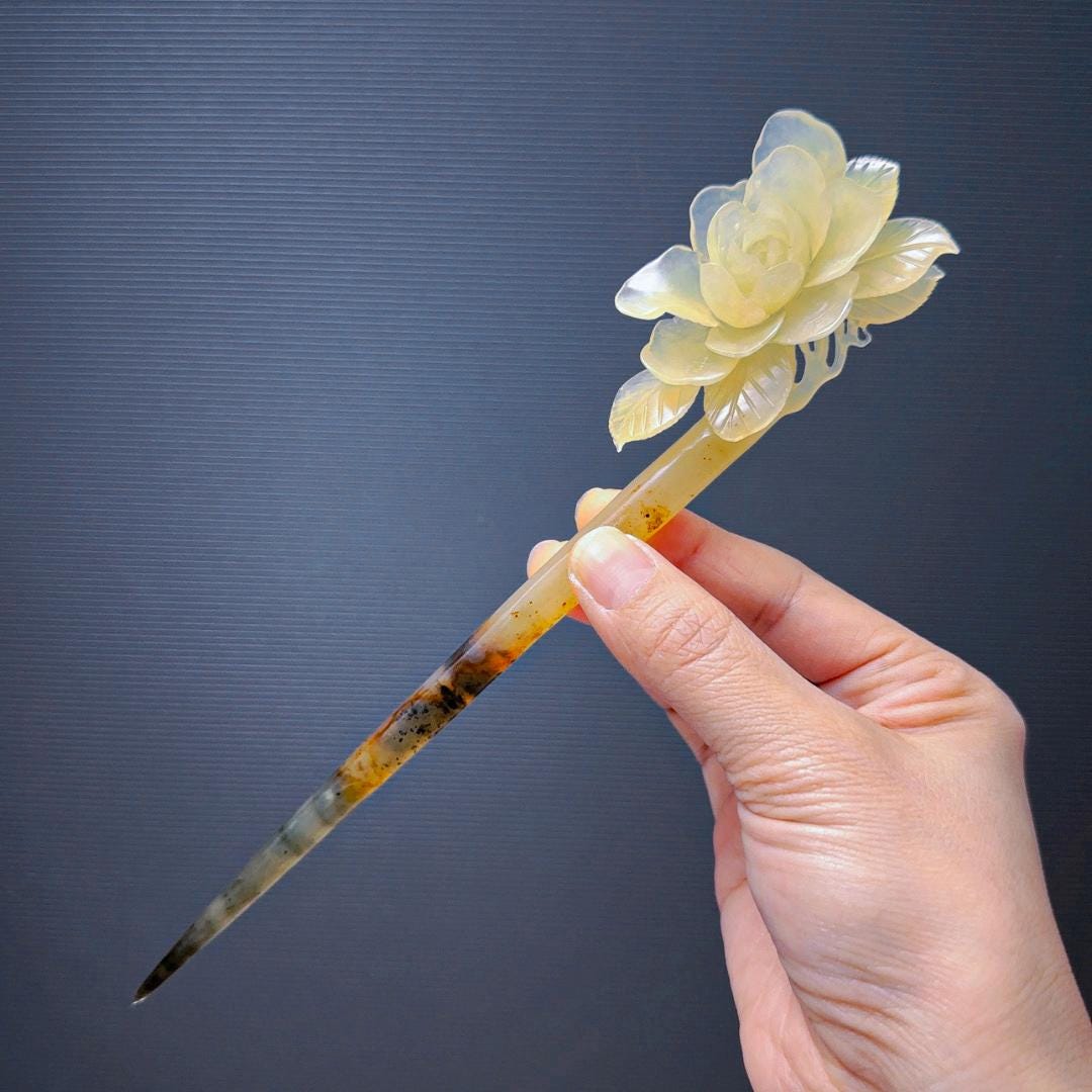 Yellow Peony Hairpin - Serpentine Jade Hair Stick Peony Flower Xiu Jade Hair Stick: Hand Carved Hairpin With  main image 4