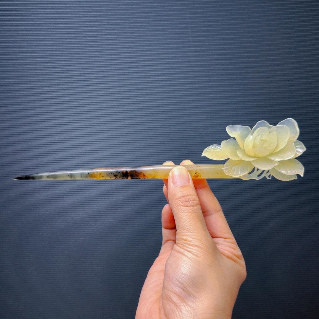 Yellow Peony Hairpin - Serpentine Jade Hair Stick Jade Hair Pin – ROCK with YOU Jewelry main image 2
