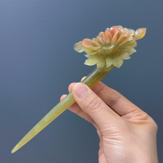 Peony Flower Xiu Jade Hair Stick: Hand Carved Hairpin With 