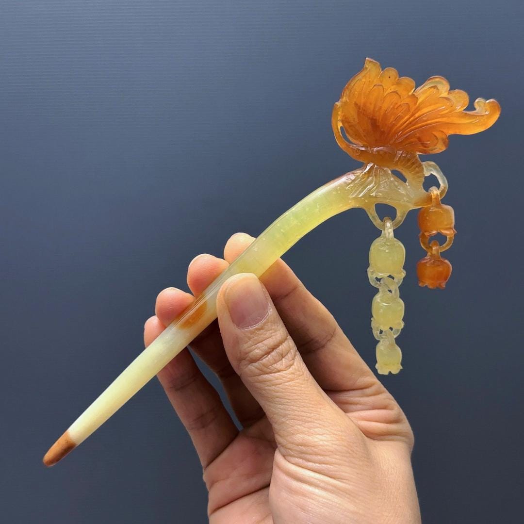 Hand Carved Xiu Jade Hair Stick: Lily of the Valley Butterfly