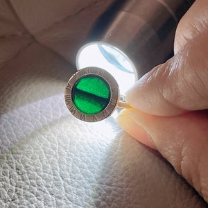 Type A Natural Black Ink Jadeite Jade Silver Ring, Circle Silver Black Ink Jadeite Ring, Grade A Jadeite, Untreated, Size Adjustable