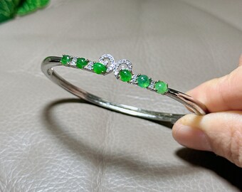 Icy Green Jadeite Bangle: Burmese Jade, Sterling Silver, CZ (56.9mm)