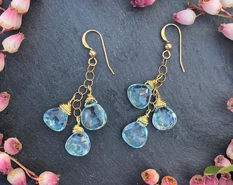 Swiss blue topaz cluster earrings. gold filled ear wires.  genuine topaz gemstones december birthstone