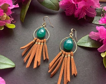 Leather fringe earrings with green onyx briolette, leather tassel earrings, dangle earrings, boho earrings