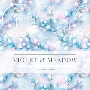 May include: A seamless pattern featuring delicate blue and pink watercolor leaves on a light blue background. The text "VIOLET & MEADOW DESIGN SHOP" is centered at the bottom of the image.