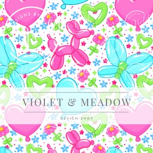 May include: A colourful pattern with pink, blue, and green balloon shapes, including animals, hearts, and flowers, set against a white backdrop. The text reads "VIOLET & MEADOW DESIGN SHOP".