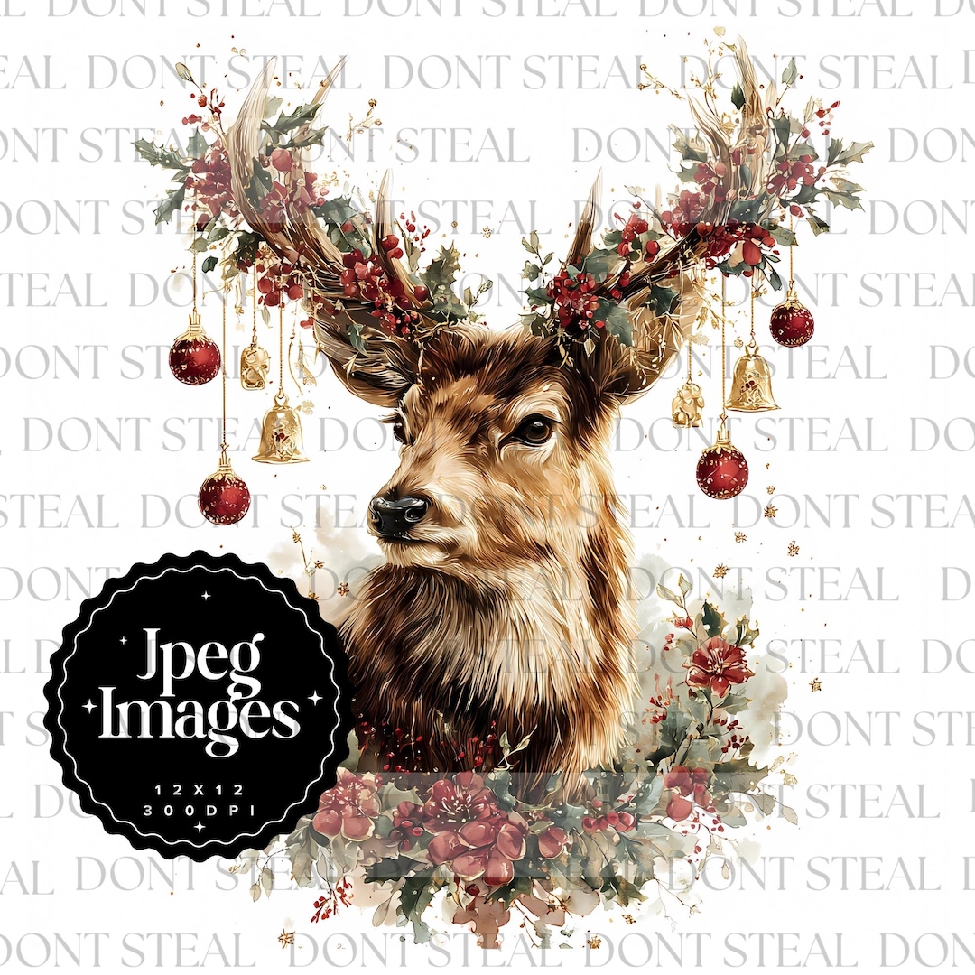 Christmas Deer Clipart Set, Watercolor Reindeer JPEG Bundle, Elegant ...
