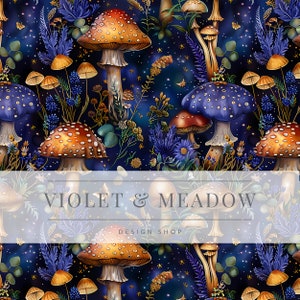 May include: A seamless pattern featuring a variety of mushrooms in shades of red, orange, yellow, blue, and purple. The mushrooms are surrounded by various types of foliage and flowers, including bluebells, ferns, and eucalyptus leaves. The background is a dark blue with a starry effect. The text "VIOLET & MEADOW DESIGN SHOP" is displayed in the center of the pattern.