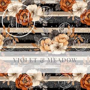 May include: Floral pattern featuring watercolor-style flowers in shades of orange, cream, and gray, set against a backdrop of black and tan stripes. The design includes the text "VIOLET & MEADOW DESIGN SHOP" in a stylized font.