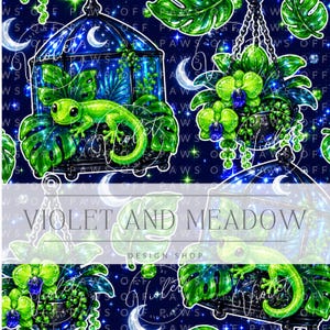 May include: A digital pattern featuring bright green geckos inside black terrariums and hanging green orchid plants against a dark blue background with white crescent moons, stars, and the text VIOLET AND MEADOW DESIGN SHOP.