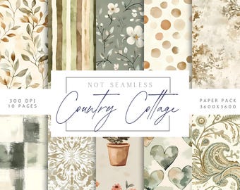 May include: A digital paper pack with 10 pages of watercolor designs. The designs include floral patterns, stripes, polka dots, paisley, and more. The paper pack is 300 DPI and 3600x3600 pixels. The text "NOT SEAMLESS Country Cottage PAPER PACK 3600x3600" is on the image.