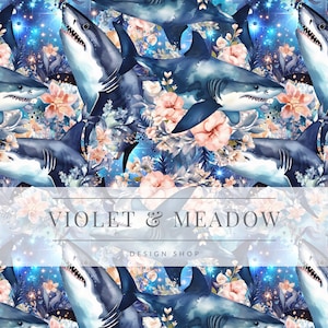 Seamless Floral Sharks | Cute Girly Sharks Seamless Repeat Pattern |  Backgrounds | Printable Digital Download Ocean Animals