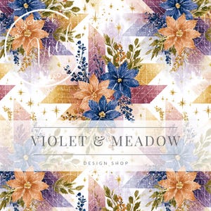 Puede incluir: Un diseño digital con un patrón floral. Presenta flores azules y naranjas, hojas verdes y detalles dorados. El diseño incluye formas geométricas y el texto "VIOLET & MEADOW DESIGN SHOP".