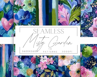 Seamless Floral Pattern Pack | Midnight Garden Floral | Navy Pink Blue Botanical Digital Paper | Painterly Flowers | Printable Backgrounds