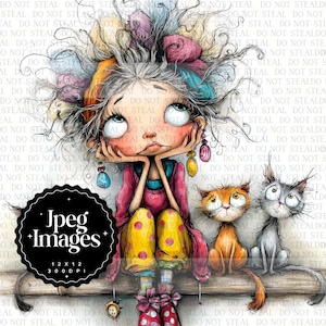 以下が含まれることがあります： 風変わりなデジタルアートプリント。悲しそうな女の子と、ワイルドな髪、カラフルな服、2匹の猫が描かれています。「Jpeg Images」の文字と、30 x 30 cm、300 DPIの寸法が含まれています。このアートワークは、ユニークなイラストスタイルです。