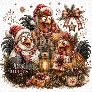 May include: Three chickens wearing red and white Santa hats and plaid scarves, one holding a mug of cocoa, one holding a gift, and one behind a wooden fence with a lantern, surrounded by Christmas decorations, pine branches, and gift boxes.