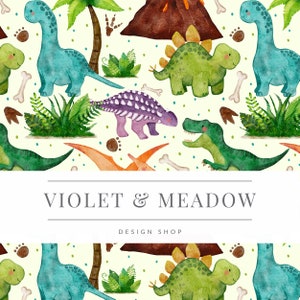 May include: A seamless pattern featuring watercolour illustrations of dinosaurs, including a green stegosaurus, a blue brachiosaurus, a purple ankylosaurus, a green tyrannosaurus rex, and an orange pterodactyl. The pattern also includes green ferns, brown footprints, white bones, and brown volcanoes. The text "VIOLET & MEADOW DESIGN SHOP" is displayed in a white banner.