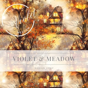 May include: A watercolor illustration of a house with lights strung around the trees and the text "Violet & Meadow Design Shop". The house is surrounded by trees with fall foliage in shades of orange, yellow, and red.