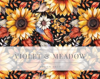 May include: A seamless pattern featuring sunflowers, leaves, and berries on a black background. The sunflowers are yellow with brown centers and the leaves are orange, red, and green. The berries are red and white. The text "VIOLET & MEADOW DESIGN SHOP" is in the center of the image.